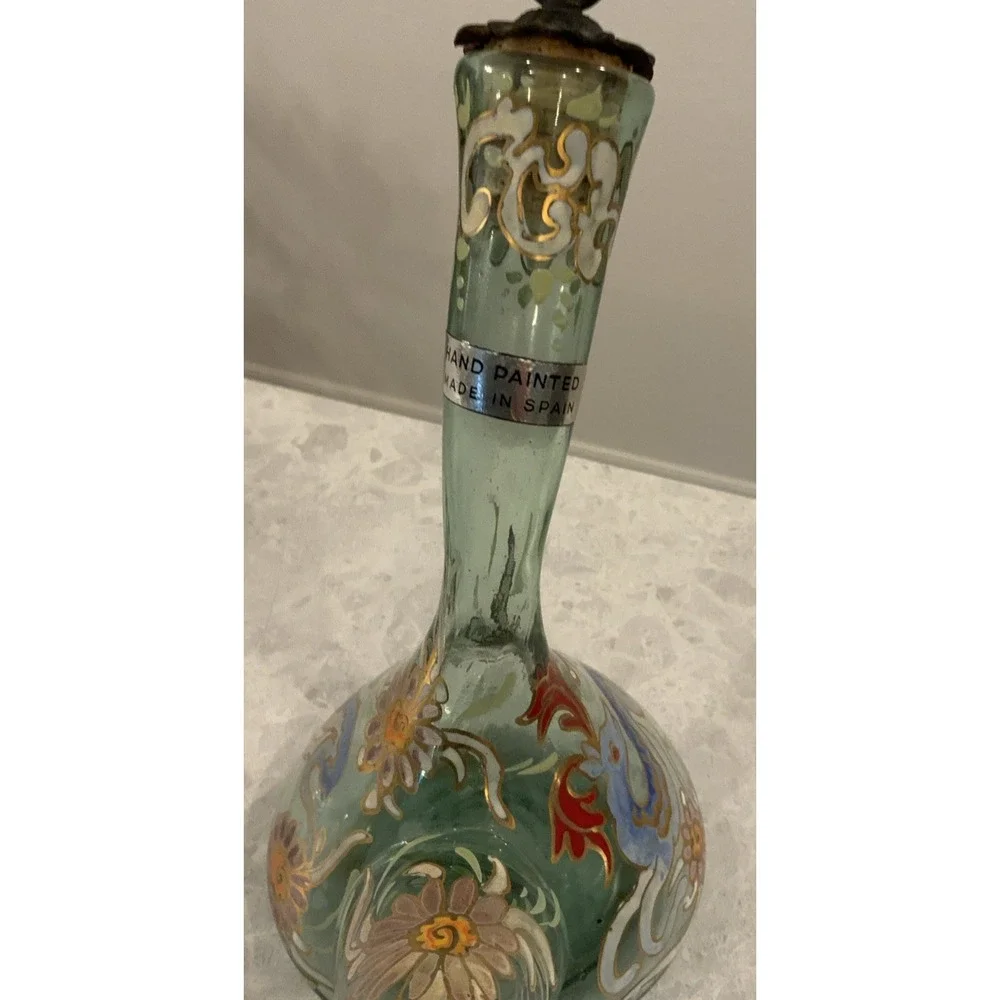 Vintage Signed Jose Cire Royo Spanish Art Glass Porron Decanter Wrought Iron Set